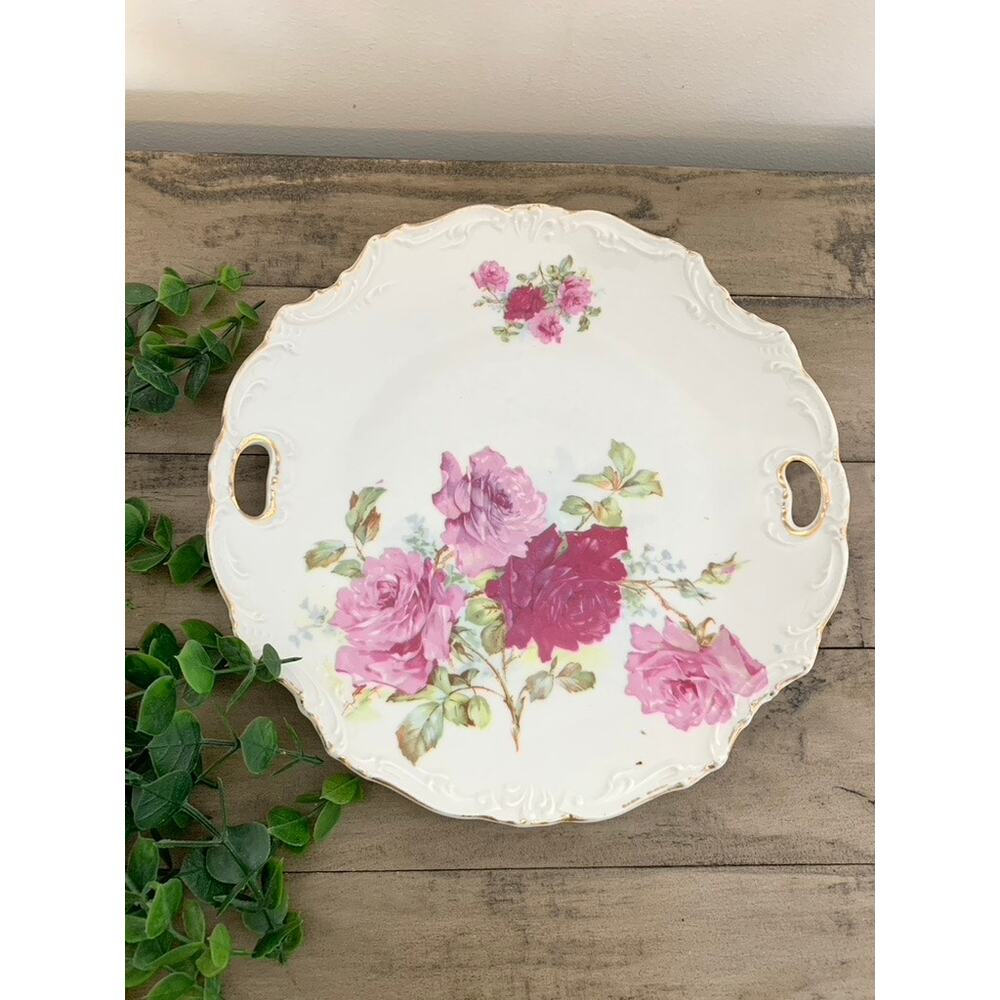 Antique Porcelain Cake Plate Roses Gold Trim Floral Tray Romantic Victorian Pink
